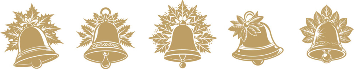 Golden Christmas Bells with Foliage Decoration on White Background