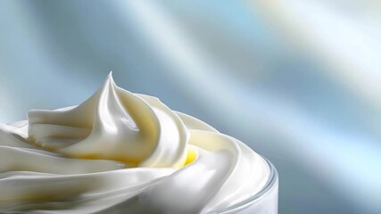 A close-up of glossy white swirled cream with a prominent peak in a glass container against a soft light-blue and white gradient background - Powered by Adobe