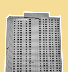 Concrete high rise building view. Tall residential and commercial structure with modern facade,