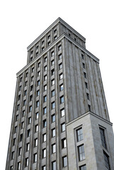 Obraz premium Concrete building view from below. Tall residential and commercial high rise with modern facade,