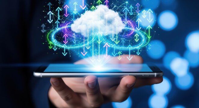 Cloud computing concept shown on a smartphone with digital effects and vibrant colors