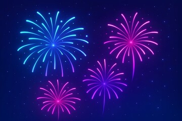 Neon Fireworks Display On Dark Blue Background Evokes Festive Celebration And Joyous Spirit

