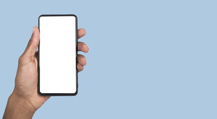 Hand holding smartphone with blank screen, ready for app advertising or digital promotion banner