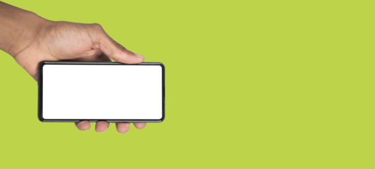 Hand presenting digital phone with empty display for online marketing, app launch or advertising
