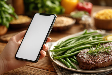 A woman uses a smartphone to count the calories in her plate of food.
