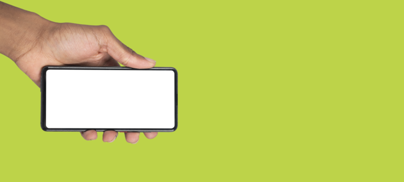 Hand presenting digital phone with empty display for online marketing, app launch or advertising