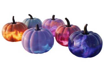 A collection of six vibrantly colored pumpkins with unique textures, isolated on a transparent background