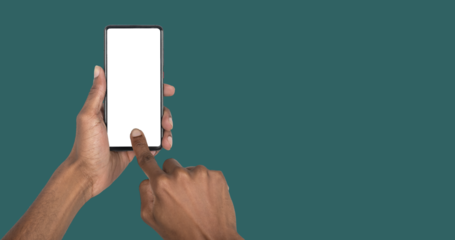 Holding smartphone with white display for digital campaign, advertising concept or promotional