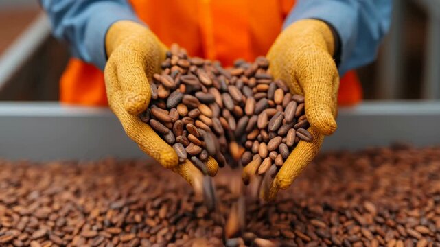 Close up of worker gloved hand holding pile of raw cocoa bean, key food ingredient for quality chocolate factory production