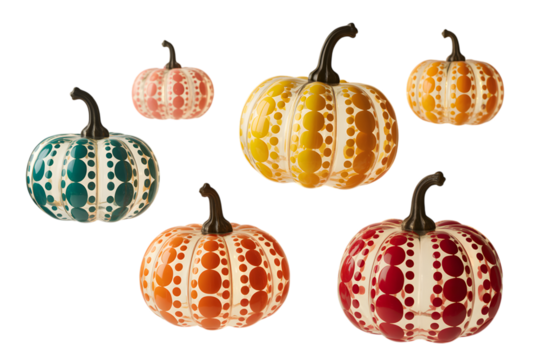 Collection of six decorative pumpkins with polka dot pattern, isolated on transparent background