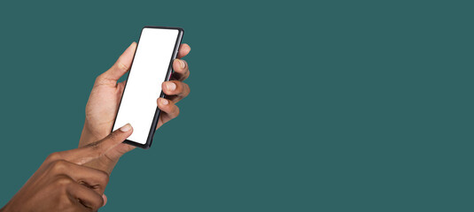 Human hand showing mockup smartphone screen for technology branding, app demo or web advertisement..