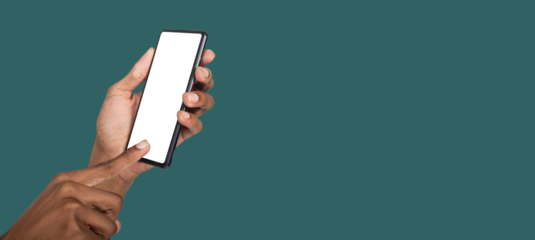 Human hand showing mockup smartphone screen for technology branding, app demo or web advertisement..