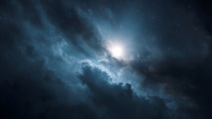 Obraz premium Bright celestial light shines through cosmic clouds and stars in the deep expanse of space