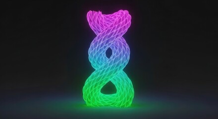 Dynamic neon DNA strand model with vibrant pink, blue, and green gradients against a dark background represents the future of biotechnology and scientific discovery