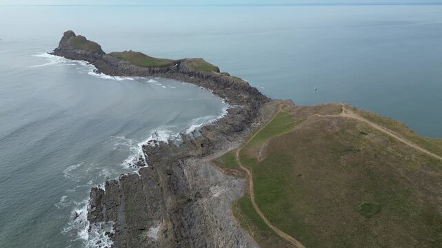 4K Panoramic View of Worm&rsquo;s Head Island in Rhossili Bay