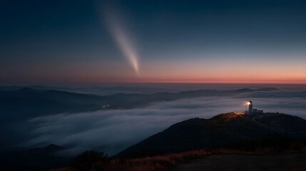 A bright comet streaks across a twilight sky above a fog filled valley and a lit observatory