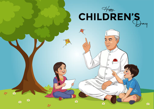 Happy Children&rsquo;s Day illustration with Pandit Jawaharlal Nehru and kids under a tree