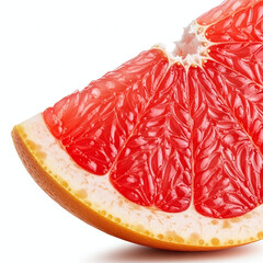 Close up of a juicy pink grapefruit slice with vibrant segments and textured rind