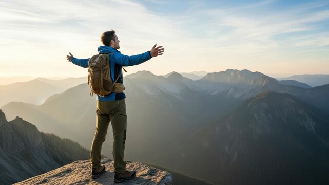 Hiker stands arms outstretched on mountaintop with scenic landscape