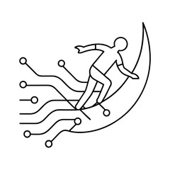 Abstract human figure surfing digital waves on a crescent moon arc