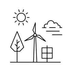 Clean energy sources including sun wind turbine and solar panel with a tree
