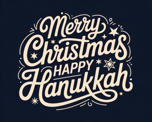 Merry christmas happy hanukkah text design on dark background with decorative elements and stars