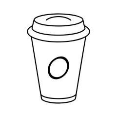 Simple line art drawing of a disposable coffee cup with a lid and logo