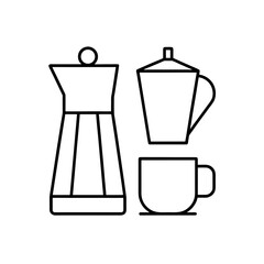 Minimalist line art illustration of coffee maker and cups for beverage enjoyment
