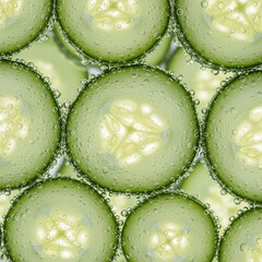 Refreshing close up of sliced cucumbers submerged in bubbling water