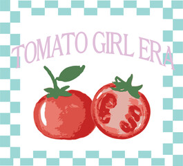 Tomato summer pomodoro euro cute fruity juicy European girl motifs cherry checker wine Trending  t-shirt design Slogan Logo Graphic Vector Tee shirt and apparel print in Mediterranean style Vector 