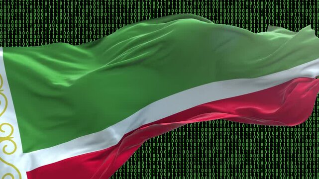 Chechen Republic flag - Waving flag on matrix binary code background