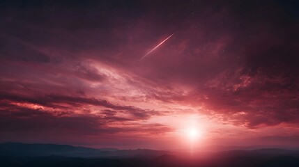 A vibrant crimson sunset with dramatic clouds a bright meteor streak and ethereal light over distant silhouetted mountains