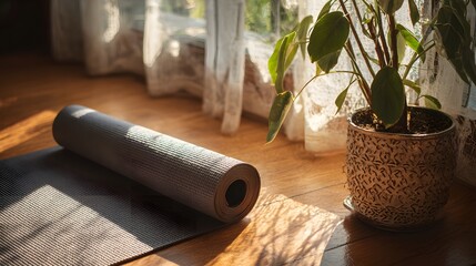 Yogamatte und grüne Pflanze im Sonnenlicht auf Holzboden
