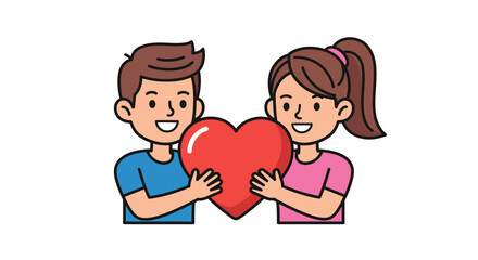Charming cartoon couple joyfully holding a vibrant red heart expressing love and togetherness in a