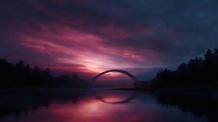 A mystical arched bridge over a tranquil river at dusk with dramatic skies and reflections