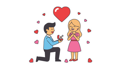 Romantic marriage proposal scene with a couple and floating hearts illustrated in modern design