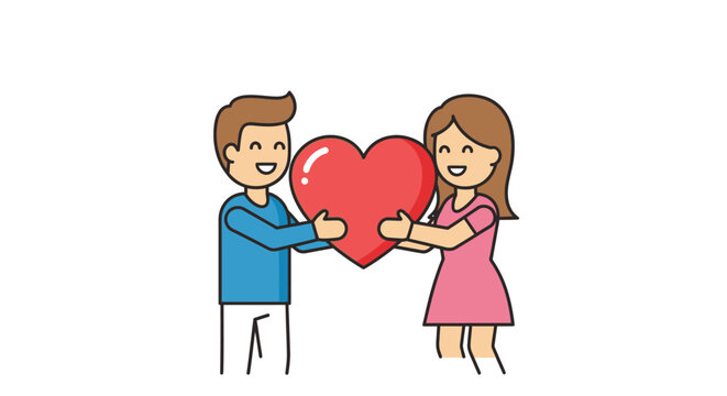 Cartoon illustration showing a couple holding a big red heart, expressing love and happiness