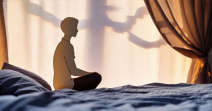 Silhouette sits meditating on bed. Sunlight streams through curtains creating shadows, peaceful scene. Calmness, serenity, introspection evident.