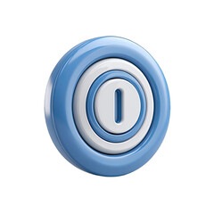 Circular light blue button with white concentric circles and a central "I