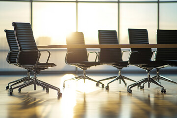 Empty modern conference room with large windows and natural light illuminating the polished floor and dark chairs around a long table ready for a meeting