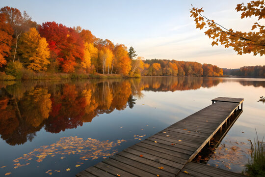 lake in autumn,warm autumn,tranquil autumn forest,minimalist autumn,wooden fence and fallen leaves,leaves are scattered on a wooden floor,autumn leaves