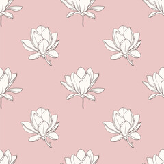 Magnolia flower seamless pattern on pink background. Decorative floral pattern.