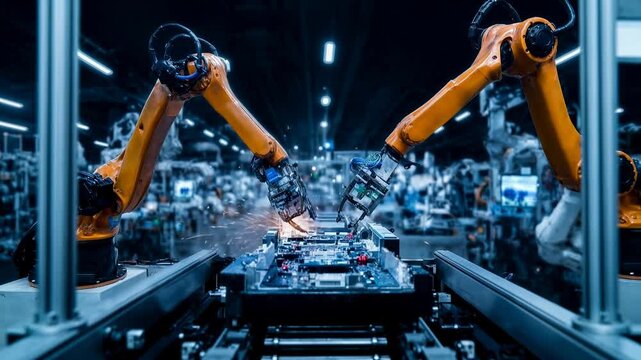 Robotic arms assembling electronics on a fast production line, crisp sparks and blue industrial light communicating precision, automation, and Industry 4.0 manufacturing for tech and fa