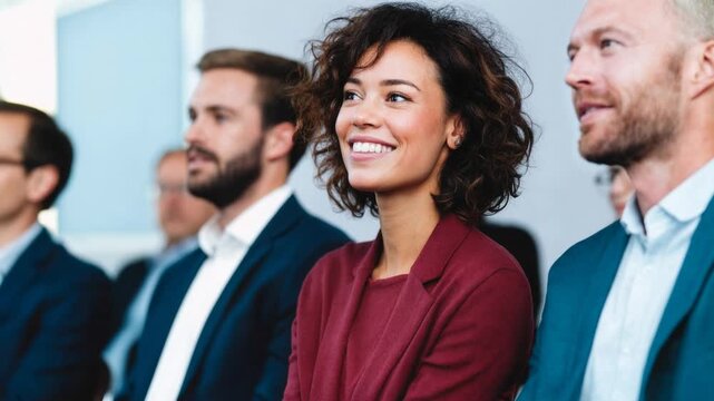 Confident audience of business professionals listening with interest, motivational conference vibe ideal for leadership events, coaching programs, and corporate education campaigns need - Powered by Adobe