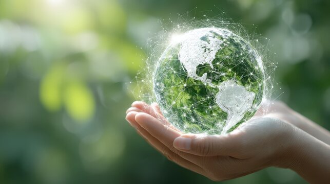 Hands holding a glowing earth globe with green plants, symbolizing environmental protection and sustainability