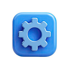 3D blue square button with a gear icon