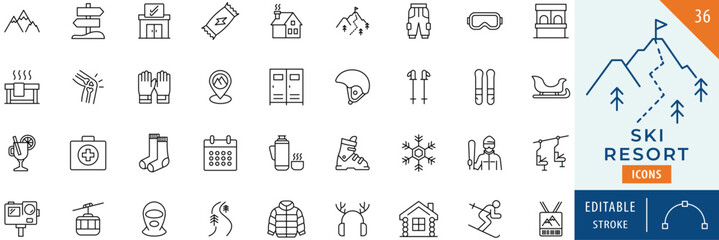Ski Resort icon collection set. Editable stroke.
