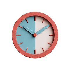 A 3D clock, half light teal, half peach