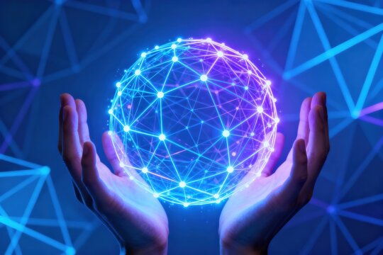 Hands holding global network and data customer connection Digital hands holding a glowing network sphere against a blue background.
