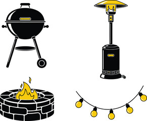 Backyard Fun Icons Barbecue Grill, Patio Heater, String Lights, Fire Pit